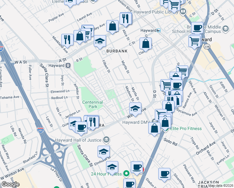 map of restaurants, bars, coffee shops, grocery stores, and more near 570 Palmer Avenue in Hayward