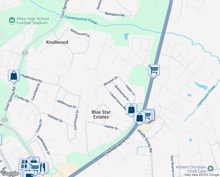 map of restaurants, bars, coffee shops, grocery stores, and more near 9368 Laurel Grove Road in Mechanicsville