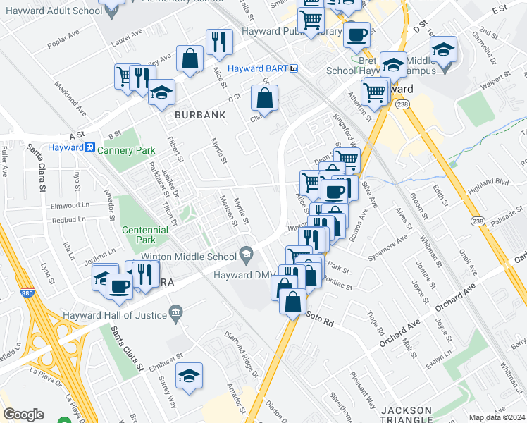 map of restaurants, bars, coffee shops, grocery stores, and more near 24045 Park Street in Hayward