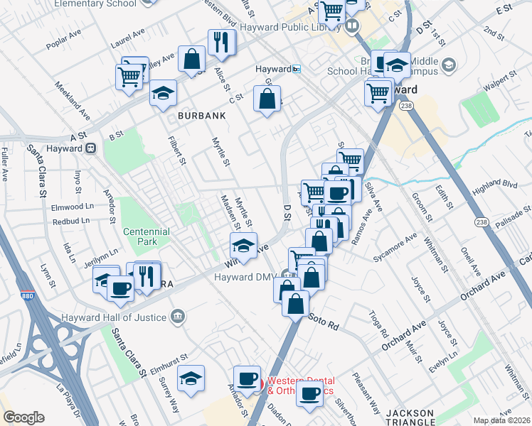 map of restaurants, bars, coffee shops, grocery stores, and more near 24043 Park Street in Hayward