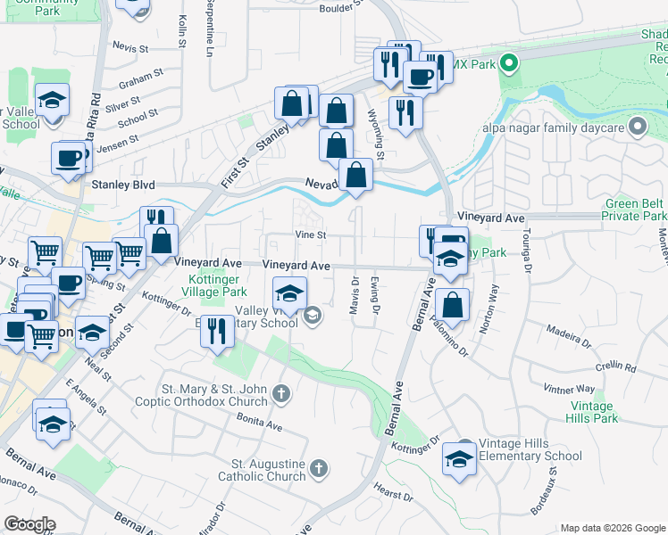map of restaurants, bars, coffee shops, grocery stores, and more near 3767 Vineyard Avenue in Pleasanton