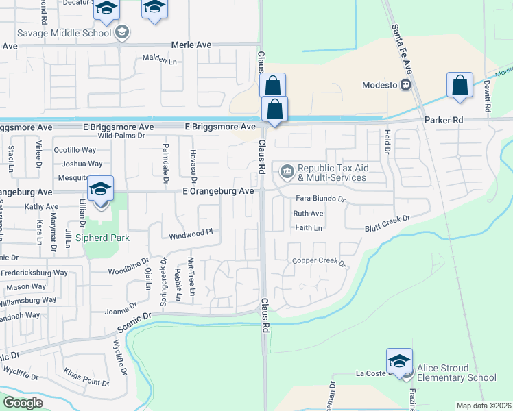 map of restaurants, bars, coffee shops, grocery stores, and more near 1325 Claus Road in Modesto