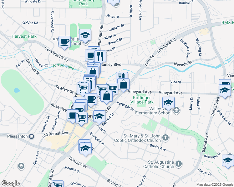 map of restaurants, bars, coffee shops, grocery stores, and more near 4223 First Street in Pleasanton