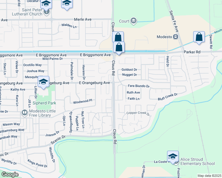 map of restaurants, bars, coffee shops, grocery stores, and more near in Modesto