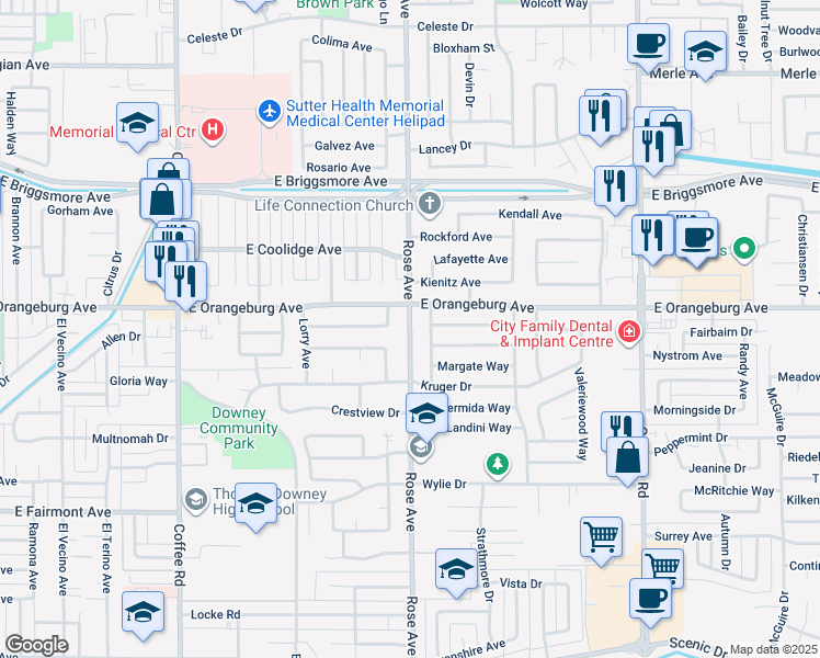 map of restaurants, bars, coffee shops, grocery stores, and more near 1341 Scottsdale Way in Modesto