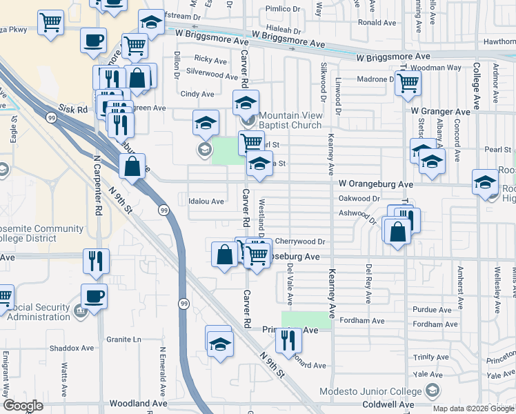 map of restaurants, bars, coffee shops, grocery stores, and more near 1633 Oakwood Drive in Modesto