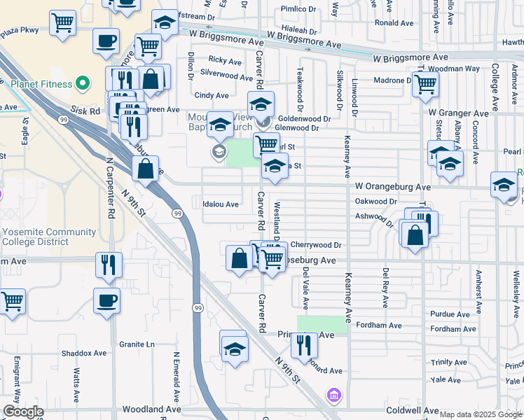 map of restaurants, bars, coffee shops, grocery stores, and more near 1633 Oakwood Drive in Modesto