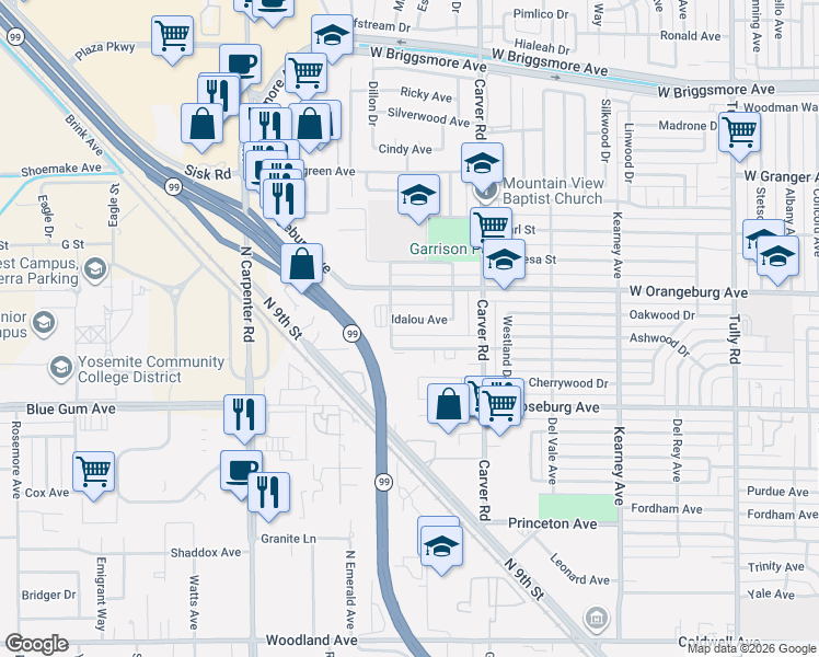 map of restaurants, bars, coffee shops, grocery stores, and more near 1813 Idalou Avenue in Modesto
