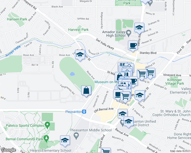 map of restaurants, bars, coffee shops, grocery stores, and more near 741 Rose Avenue in Pleasanton