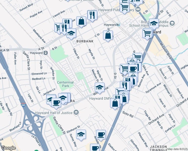 map of restaurants, bars, coffee shops, grocery stores, and more near 3088 Madsen Street in Hayward