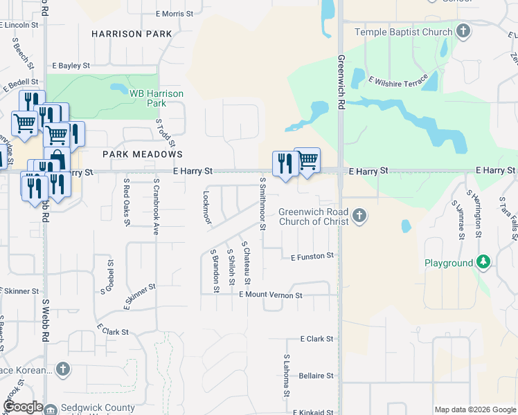 map of restaurants, bars, coffee shops, grocery stores, and more near 10619-10703 East Lockmoor Street in Wichita