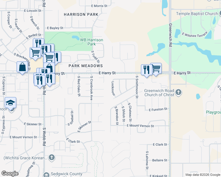 map of restaurants, bars, coffee shops, grocery stores, and more near 1627 South Brandon Street in Wichita