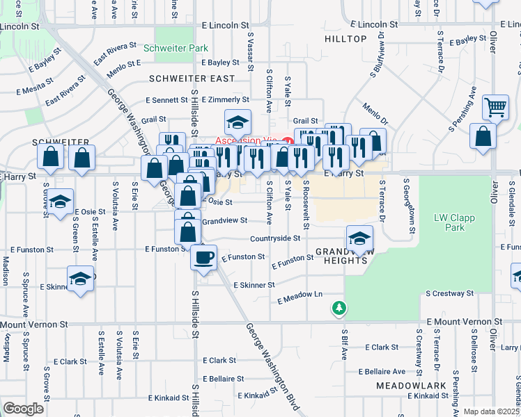 map of restaurants, bars, coffee shops, grocery stores, and more near 1635 South Clifton Avenue in Wichita