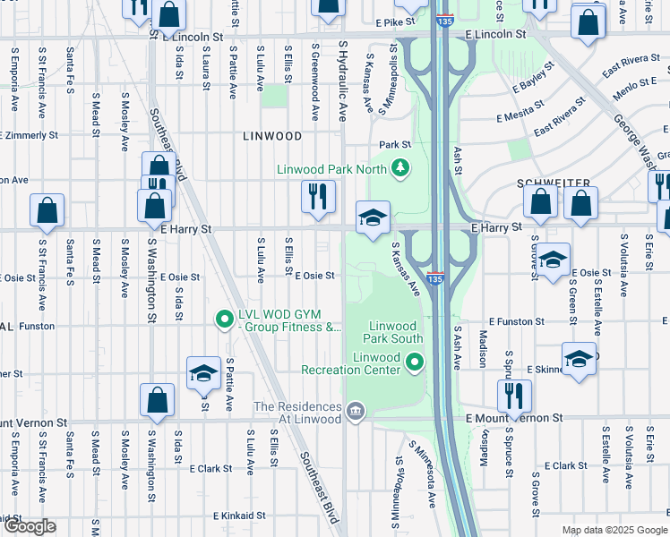 map of restaurants, bars, coffee shops, grocery stores, and more near 1631 South Hydraulic Avenue in Wichita