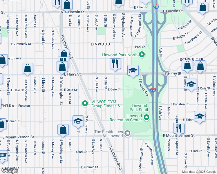 map of restaurants, bars, coffee shops, grocery stores, and more near 1631 Ellis South in Wichita
