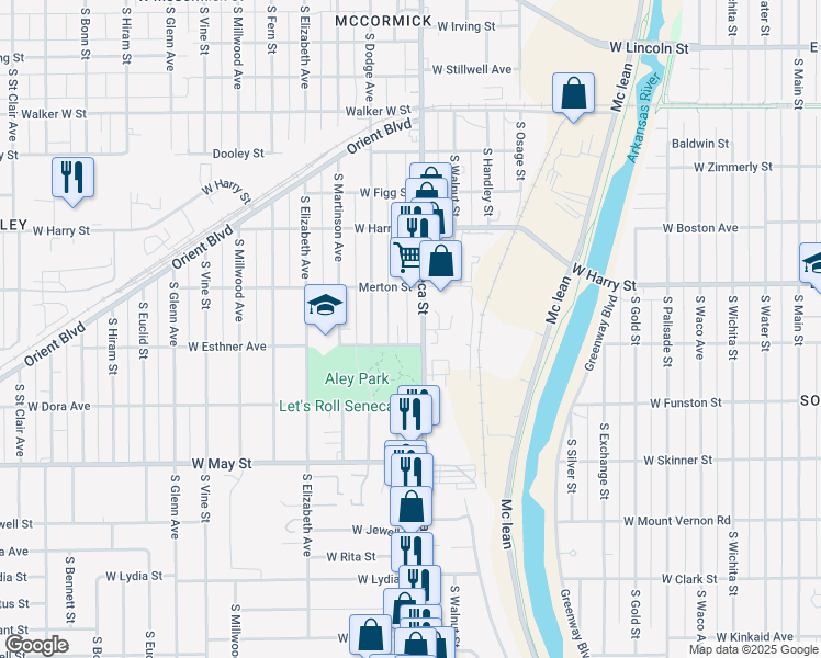 map of restaurants, bars, coffee shops, grocery stores, and more near 1721 South Seneca Street in Wichita