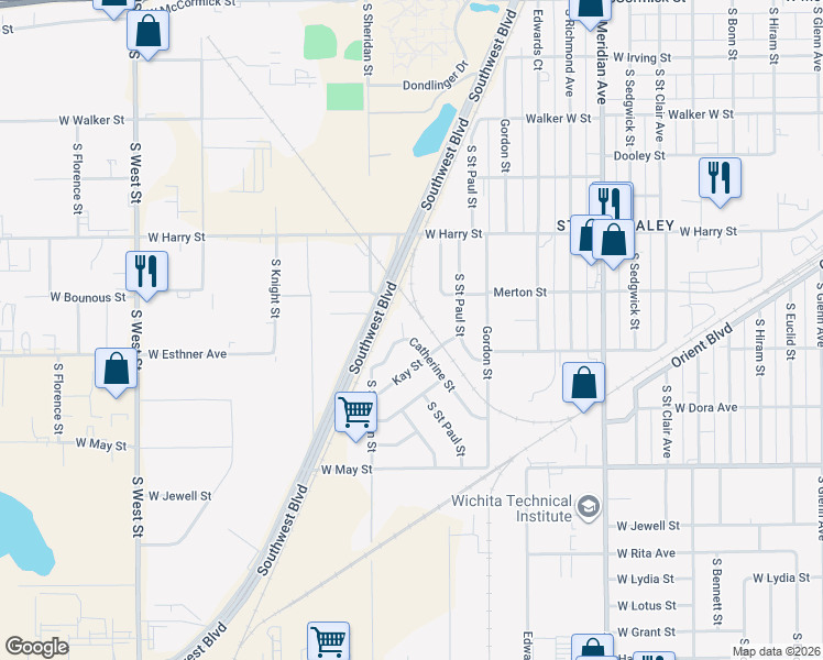 map of restaurants, bars, coffee shops, grocery stores, and more near 1722 Catherine Street in Wichita