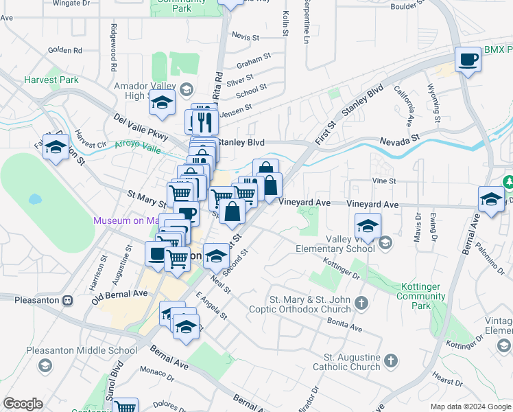 map of restaurants, bars, coffee shops, grocery stores, and more near 4223 First Street in Pleasanton