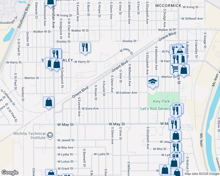 map of restaurants, bars, coffee shops, grocery stores, and more near 1720 South Euclid Street in Wichita