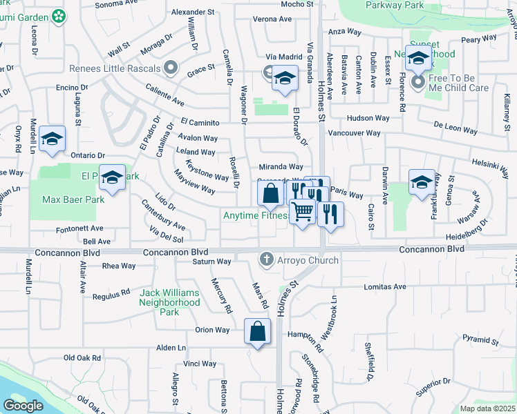 map of restaurants, bars, coffee shops, grocery stores, and more near Catalina Dr & Cordoba St in Livermore