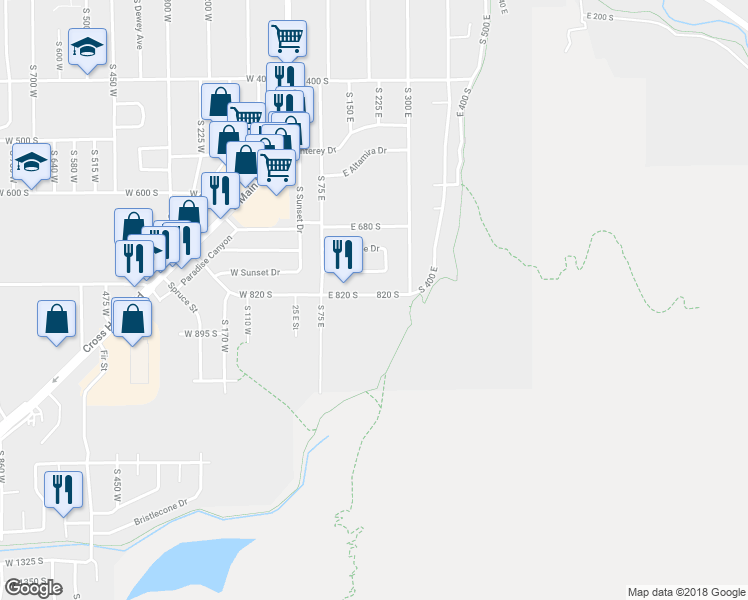 map of restaurants, bars, coffee shops, grocery stores, and more near 206 820 South in Cedar City