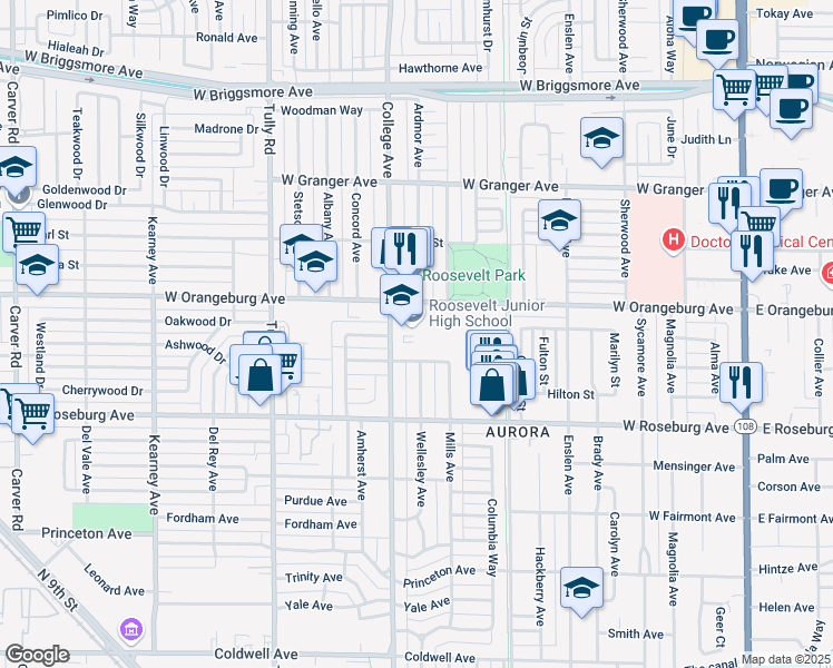 map of restaurants, bars, coffee shops, grocery stores, and more near 1330 College Avenue in Modesto