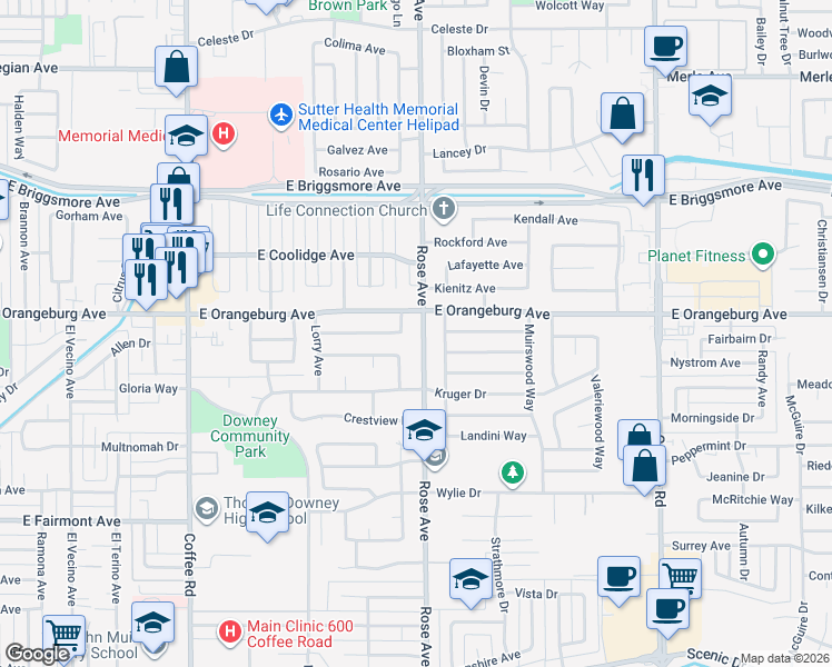 map of restaurants, bars, coffee shops, grocery stores, and more near 1335 Rose Avenue in Modesto