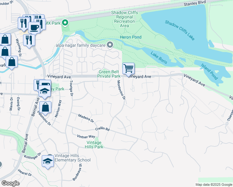 map of restaurants, bars, coffee shops, grocery stores, and more near 2959 Victoria Meadow Court in Pleasanton