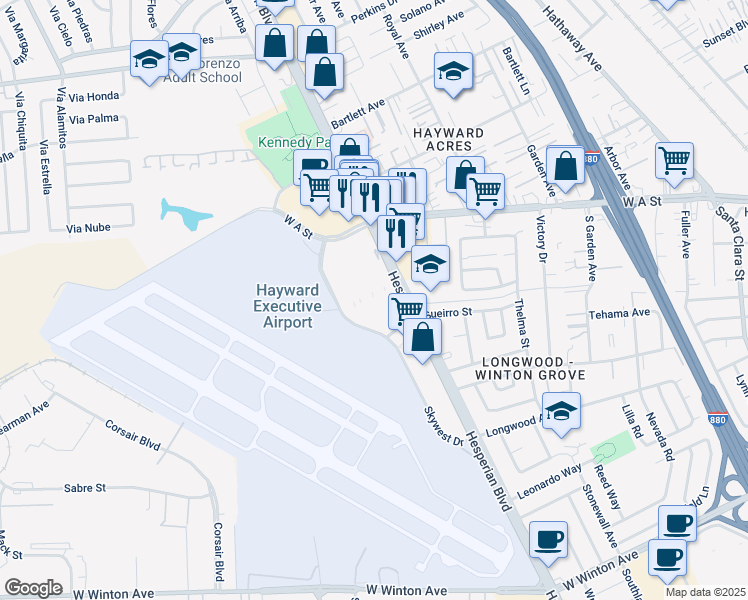 map of restaurants, bars, coffee shops, grocery stores, and more near 21787 Hesperian Boulevard in Hayward