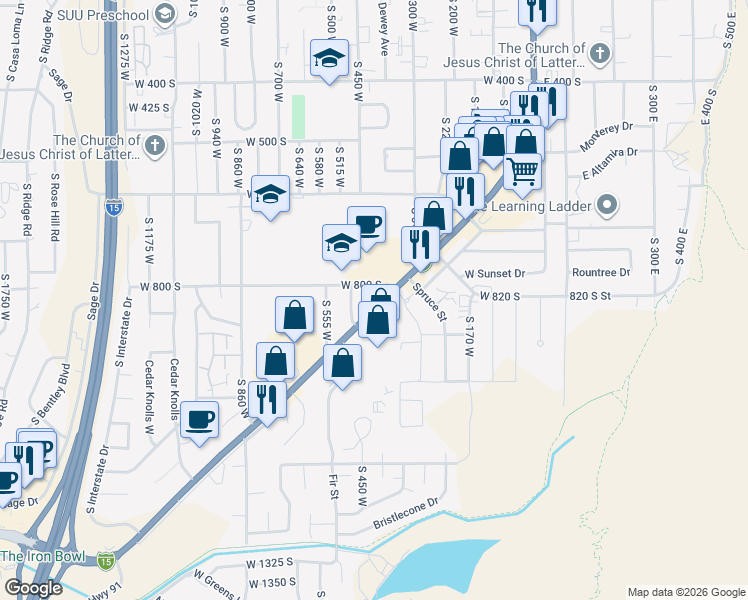 map of restaurants, bars, coffee shops, grocery stores, and more near 200 West 800 South in Cedar City