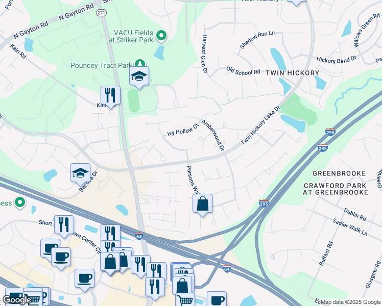 map of restaurants, bars, coffee shops, grocery stores, and more near 11904 Turning Branch Road in Glen Allen