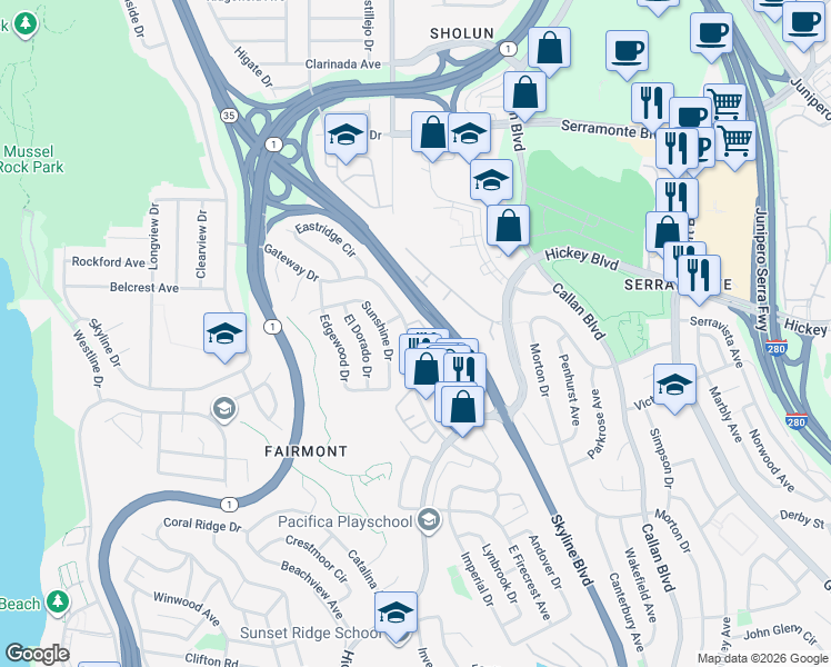 map of restaurants, bars, coffee shops, grocery stores, and more near 265 Gateway Drive in Pacifica