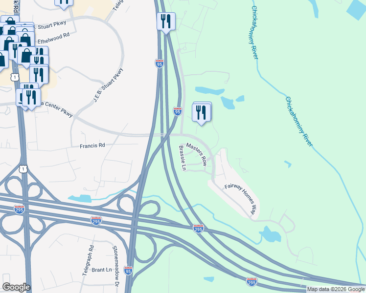 map of restaurants, bars, coffee shops, grocery stores, and more near 950 Masters Row in Glen Allen