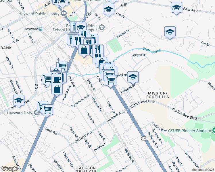 map of restaurants, bars, coffee shops, grocery stores, and more near 24480 Edith Street in Hayward