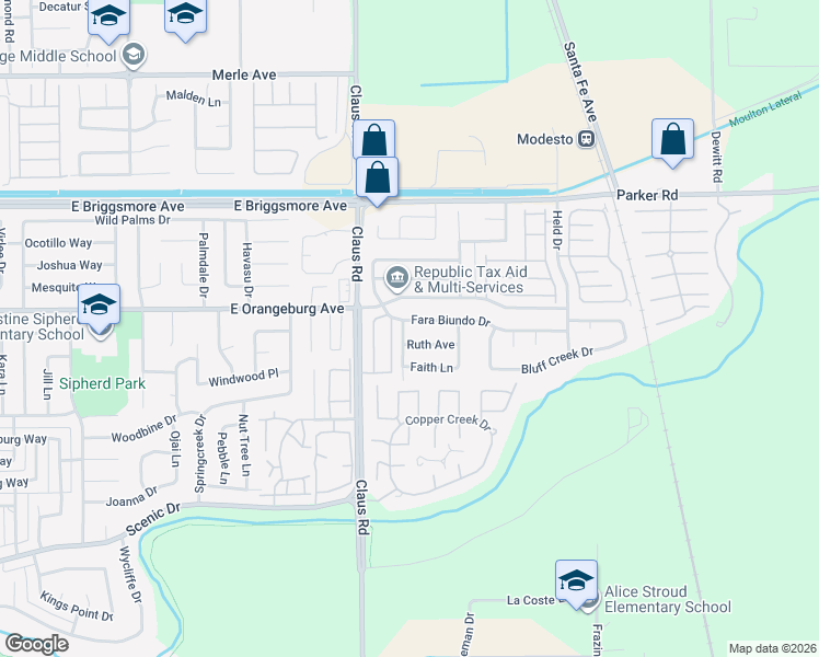 map of restaurants, bars, coffee shops, grocery stores, and more near 4029 Fara Biundo Drive in Modesto