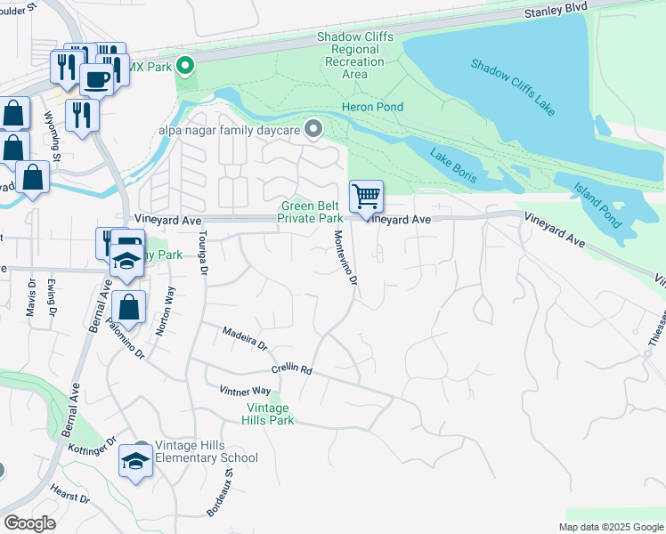 map of restaurants, bars, coffee shops, grocery stores, and more near 2959 Victoria Meadow Court in Pleasanton
