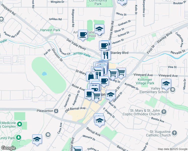 map of restaurants, bars, coffee shops, grocery stores, and more near 417 Saint Mary Street in Pleasanton