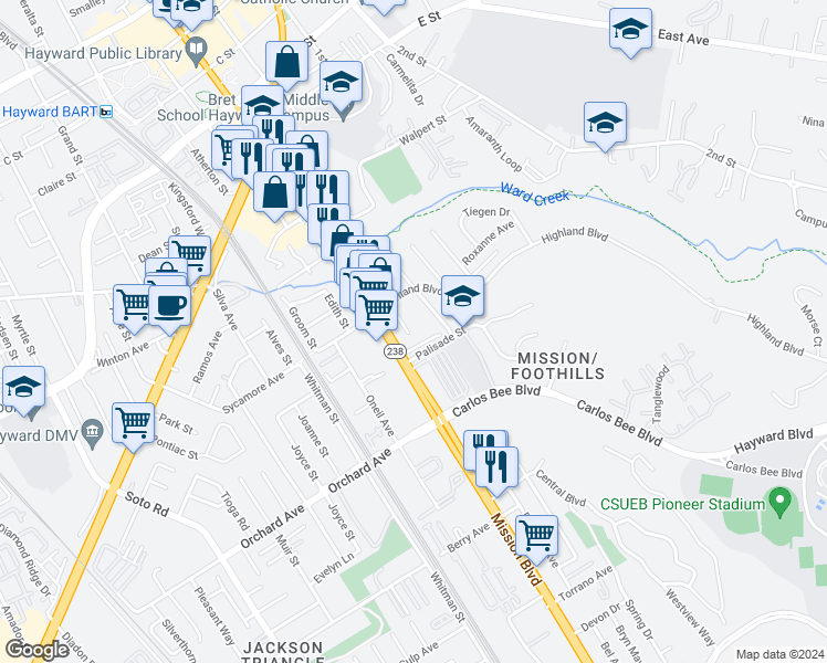 map of restaurants, bars, coffee shops, grocery stores, and more near 24567 Margaret Drive in Hayward