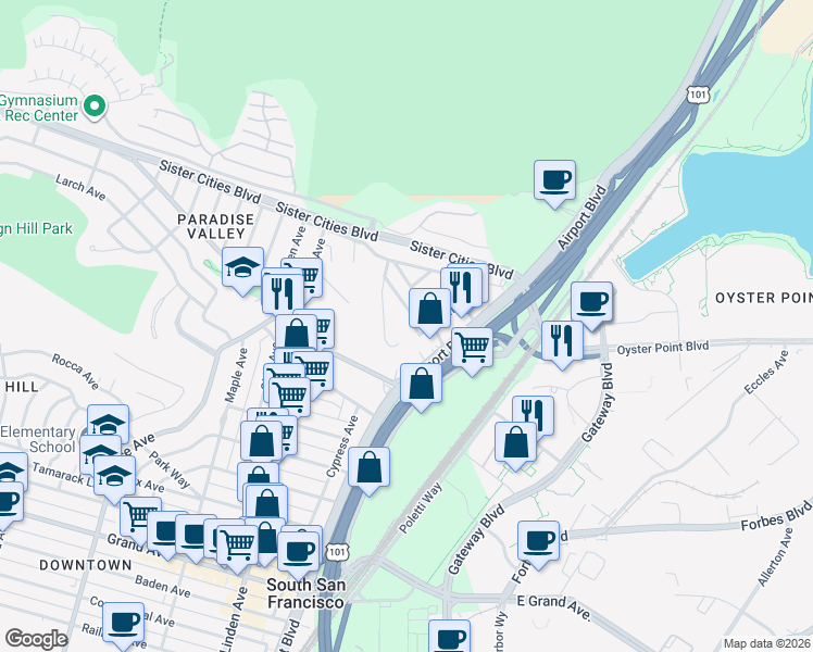map of restaurants, bars, coffee shops, grocery stores, and more near 136 Pecks Lane in South San Francisco