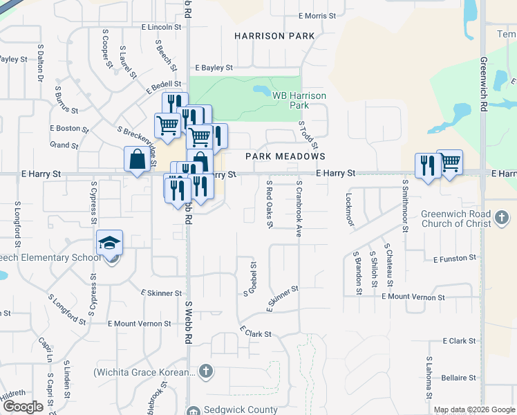 map of restaurants, bars, coffee shops, grocery stores, and more near S Goebel St in Wichita