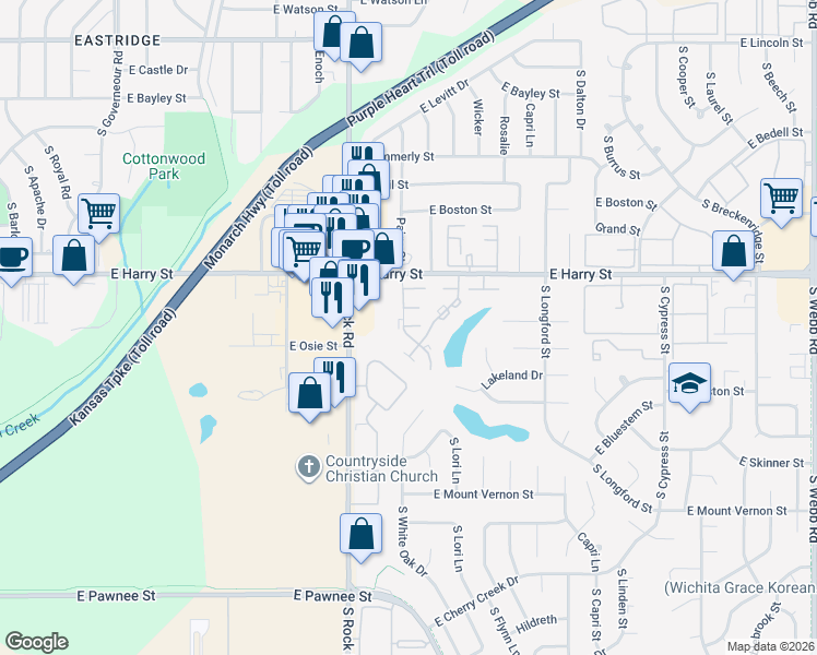 map of restaurants, bars, coffee shops, grocery stores, and more near 8131 East Harry Street in Wichita
