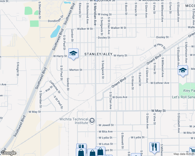 map of restaurants, bars, coffee shops, grocery stores, and more near 1722 South Meridian Avenue in Wichita