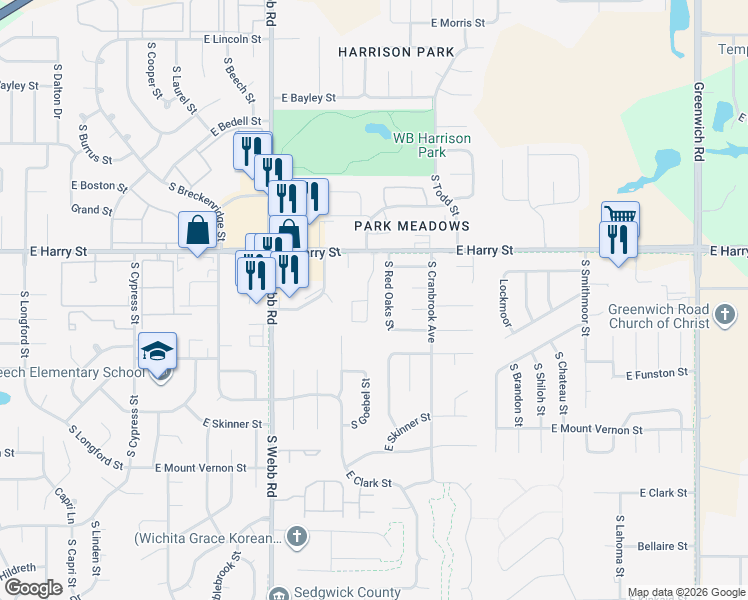 map of restaurants, bars, coffee shops, grocery stores, and more near S Goebel St in Wichita