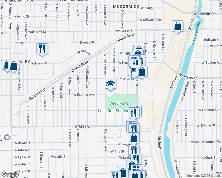 map of restaurants, bars, coffee shops, grocery stores, and more near 1749 South Martinson Street in Wichita