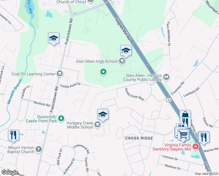 map of restaurants, bars, coffee shops, grocery stores, and more near 5016 Topping Lane in Glen Allen