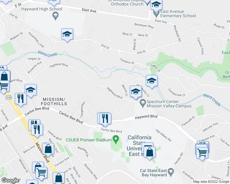 map of restaurants, bars, coffee shops, grocery stores, and more near 1724 Highland Boulevard in Hayward