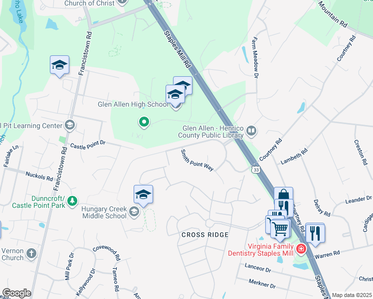 map of restaurants, bars, coffee shops, grocery stores, and more near 10729 Smith Point Way in Glen Allen