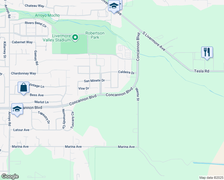 map of restaurants, bars, coffee shops, grocery stores, and more near 3121 Faltings Drive in Livermore