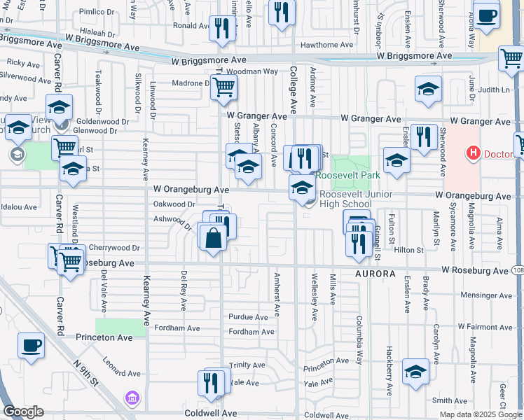 map of restaurants, bars, coffee shops, grocery stores, and more near 1317 Como Park Way in Modesto