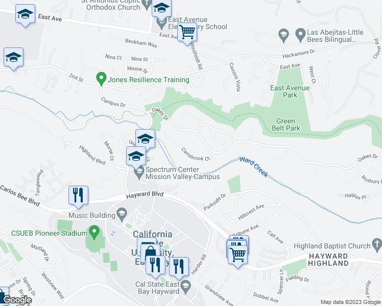 map of restaurants, bars, coffee shops, grocery stores, and more near 2522 Carisbrook Court in Hayward